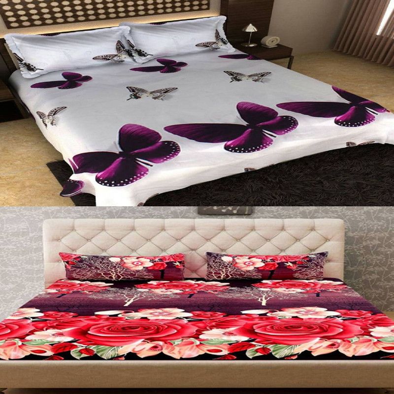 New panipat textile zone 145 TC Microfiber Double 3D Printed Flat Bedsheet  (Pack of 2, Multicolor)