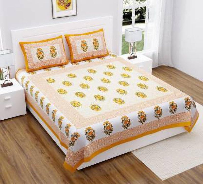 Homeline 104 TC Cotton Double Printed Flat Bedsheet  (Pack of 1, Yellow)