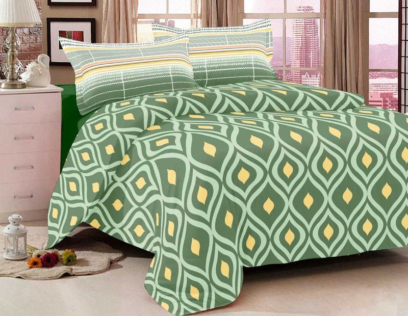 147 Degree 144 TC Cotton Double Motifs Flat Bedsheet  (Pack of 1, Green, Yellow)