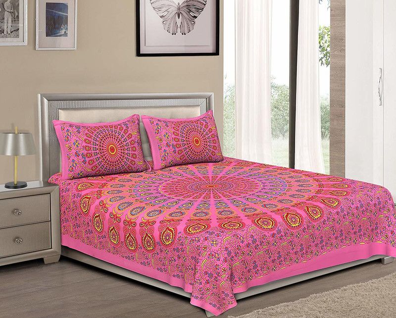 RAJDEVI JAIPUR PRINTS 351 TC Cotton Double, King Printed Flat Bedsheet  (Pack of 1, Pink)