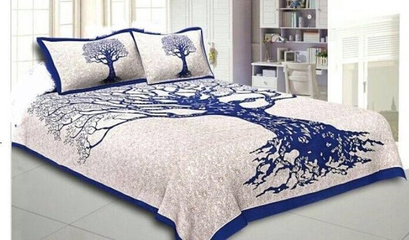 Deepika Imports 250 TC Cotton Double Jaipuri Prints Flat Bedsheet  (Pack of 1, Cream)