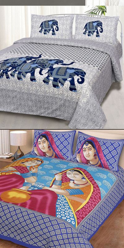 MOXIE 190 TC Cotton Double Jaipuri Prints Flat Bedsheet  (Pack of 2, Grey, Blue)