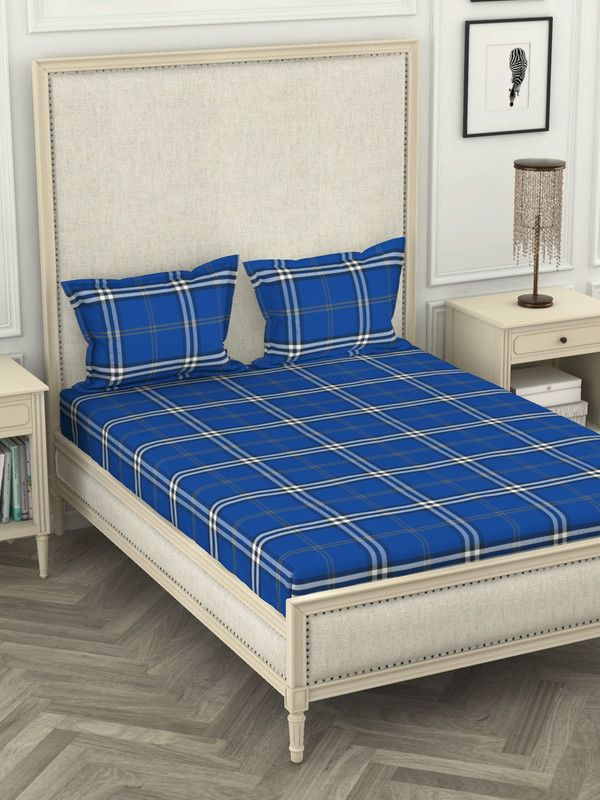 Bianca 110 TC Cotton Double Checkered Flat Bedsheet  (Pack of 1, DK.BLUE)