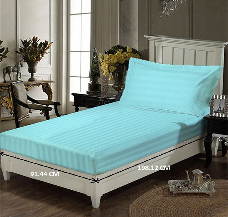 ACHIR 300 TC Cotton Single Striped Fitted (Elastic) Bedsheet  (Pack of 1, SKY, Blue)