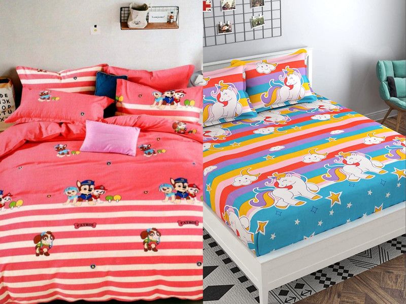 Cool Dealzz 220 TC Cotton Queen Cartoon Flat Bedsheet  (Pack of 2, Multicolor)
