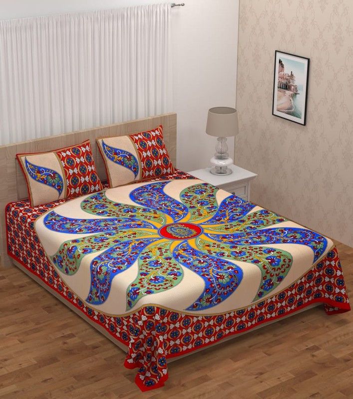 Frebule 159 TC Cotton Double Jaipuri Prints Flat Bedsheet  (Pack of 1, Multicolor)