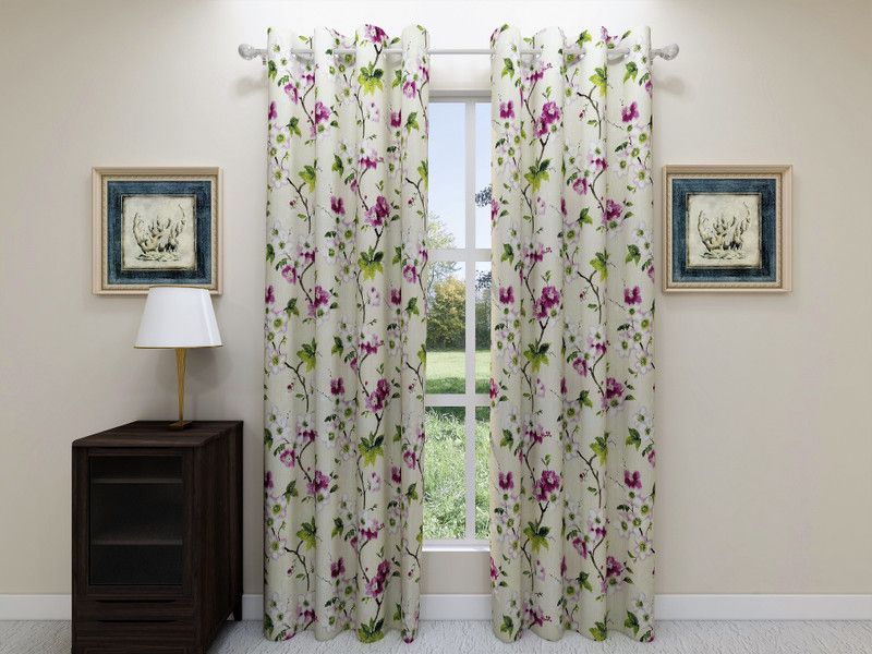 Floating Walls Furnishings 275 cm (9 ft) Cotton Long Door Curtain (Pack Of 2)  (Floral, Cream, Pink)