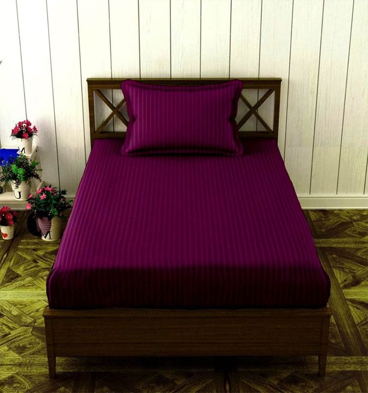 HHH FAB 220 TC Satin Single Striped Flat Bedsheet  (Pack of 1, WINE)