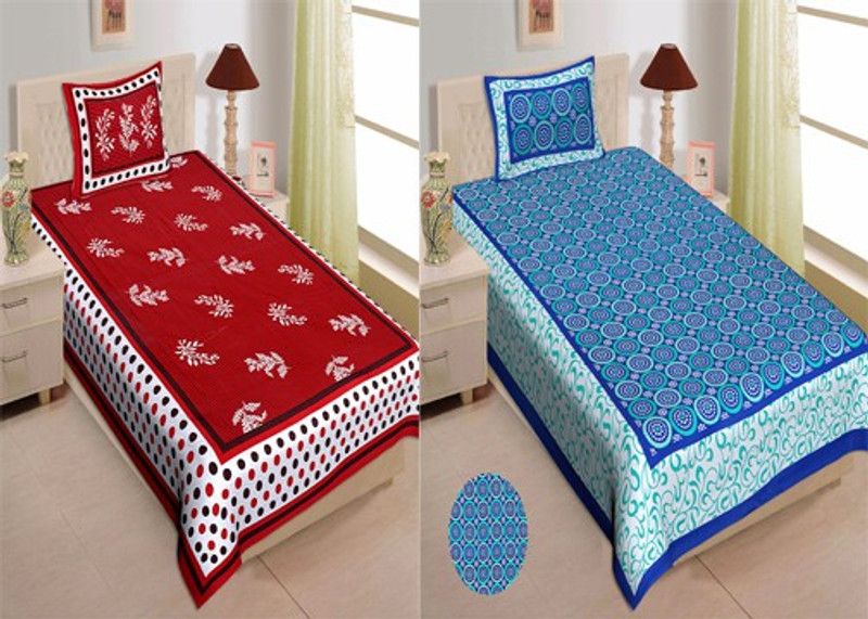 Ubania Collection 140 TC Cotton Single Jaipuri Prints Flat Bedsheet  (Pack of 2, Multicolor)