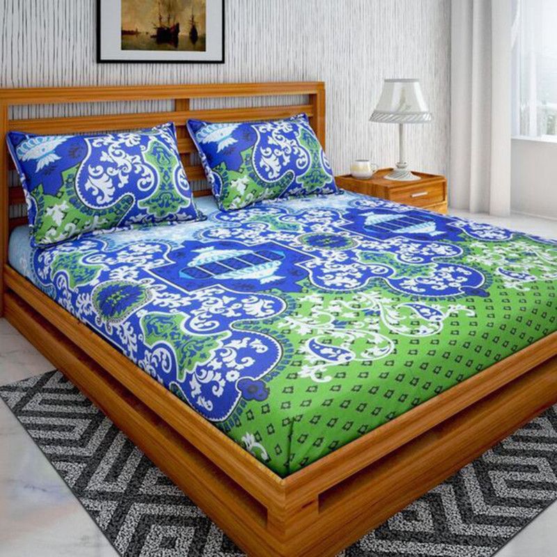 Bombay Linen 104 TC Cotton Double Printed Flat Bedsheet  (Pack of 1, Blue)
