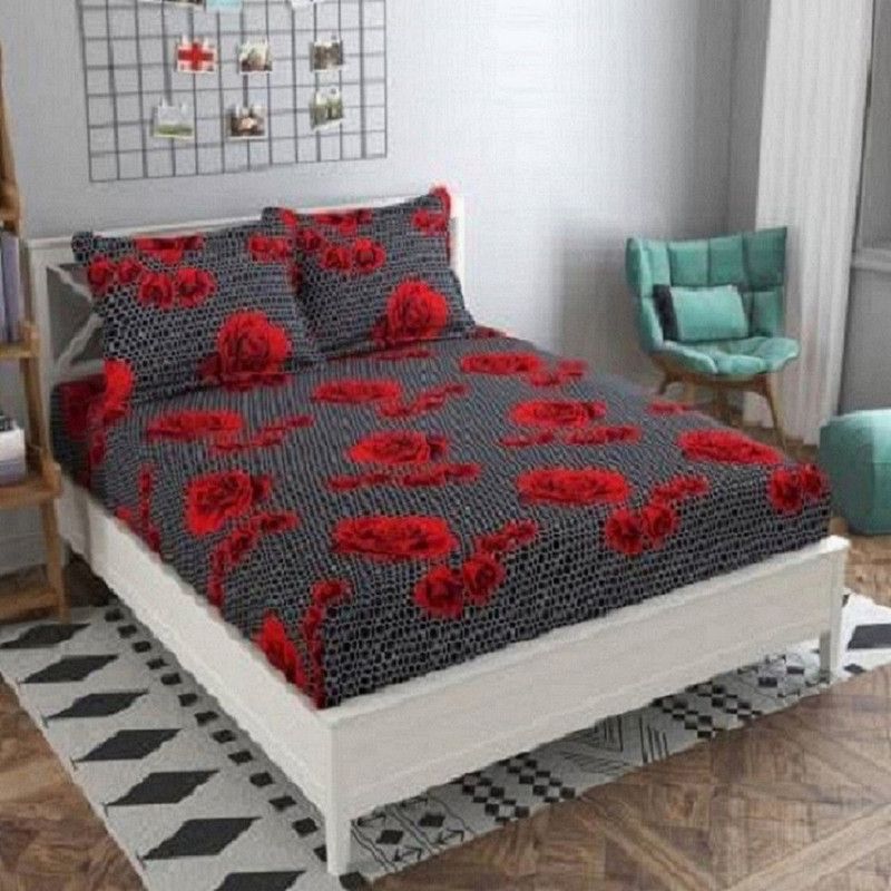 CECARO 160 TC Microfiber Queen Floral Flat Bedsheet  (Pack of 1, Black)