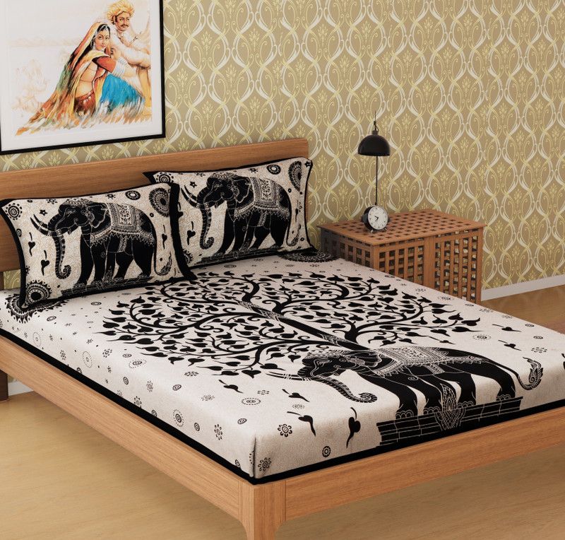 METRO LIVING 120 TC Polycotton Double Jaipuri Prints Flat Bedsheet  (Pack of 1, Black)