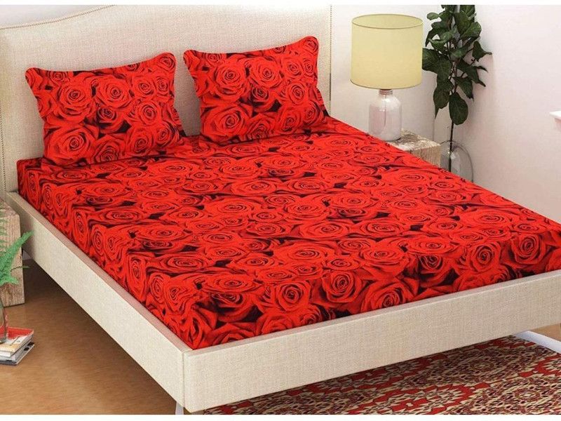 Recstiria Fab 140 TC Polycotton Double Floral Flat Bedsheet  (Pack of 1, Red)