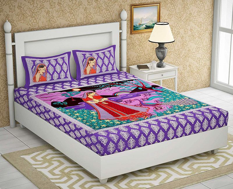 Livingkart 104 TC Cotton Double Floral Flat Bedsheet  (Pack of 1, Purple)