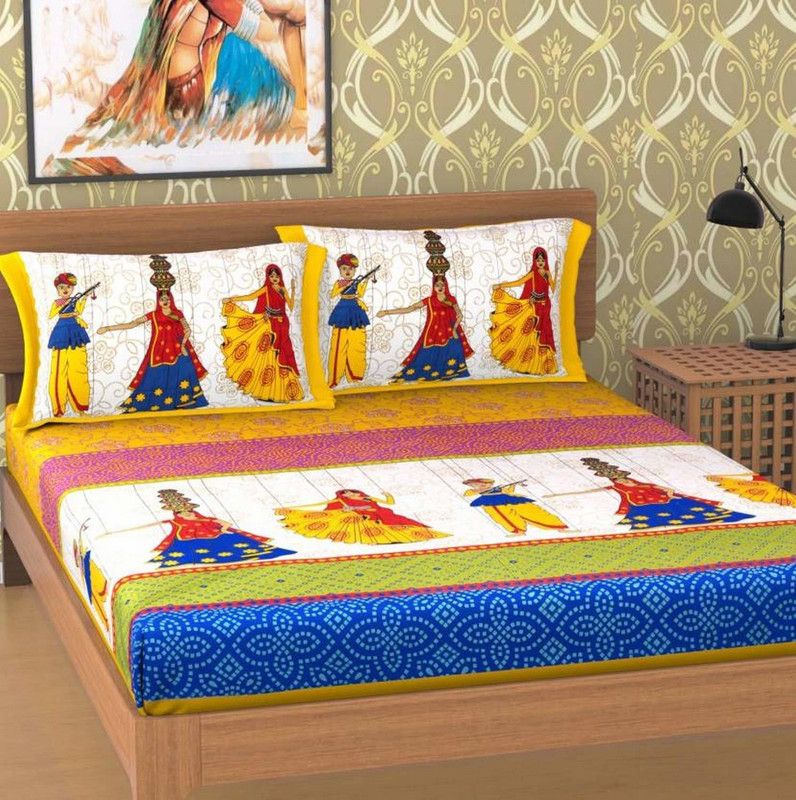 Pragya Manufacturing 144 TC Cotton Queen Jaipuri Prints Flat Bedsheet  (Pack of 1, Yellow)