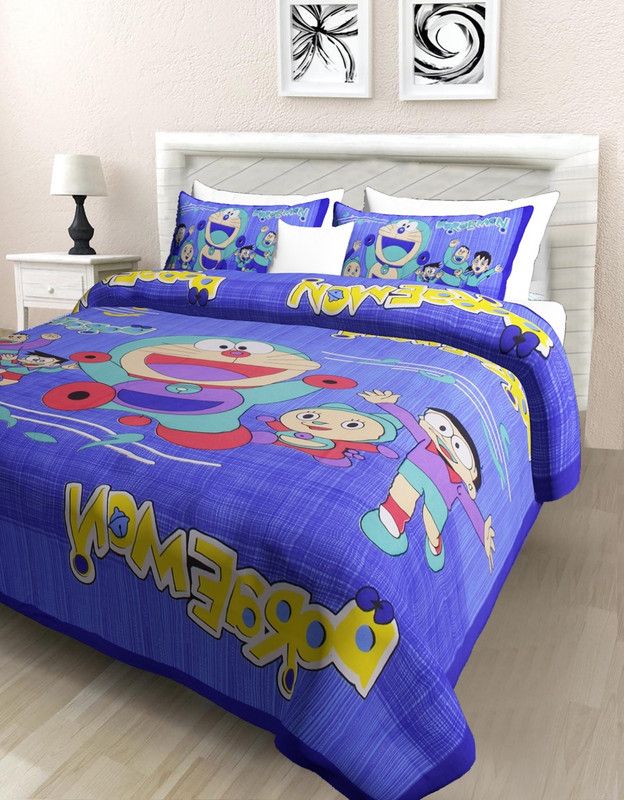 Piroya 160 TC Cotton Double Cartoon Flat Bedsheet  (Pack of 1, Blue)