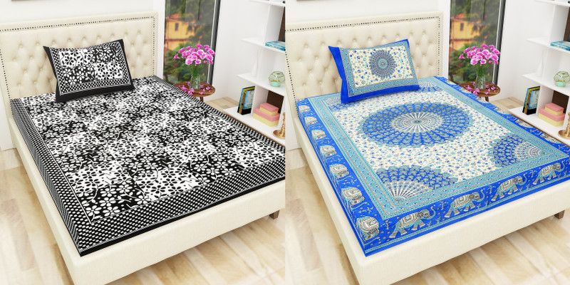 Indram 144 TC Cotton Single Printed Flat Bedsheet  (Pack of 2, Black)