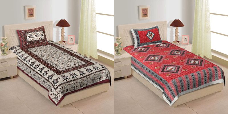 TANIKA 140 TC Cotton Single Printed Flat Bedsheet  (Pack of 2, Maroon, Red, White)