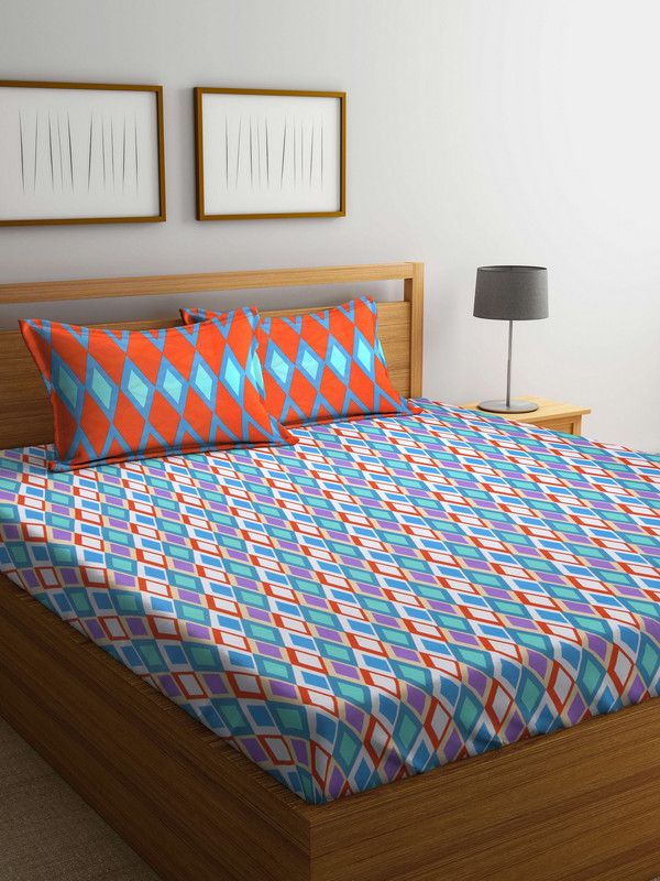 Bombay Dyeing 120 TC Cotton Double Geometric Fitted (Elastic) Bedsheet  (Pack of 1, Orange)