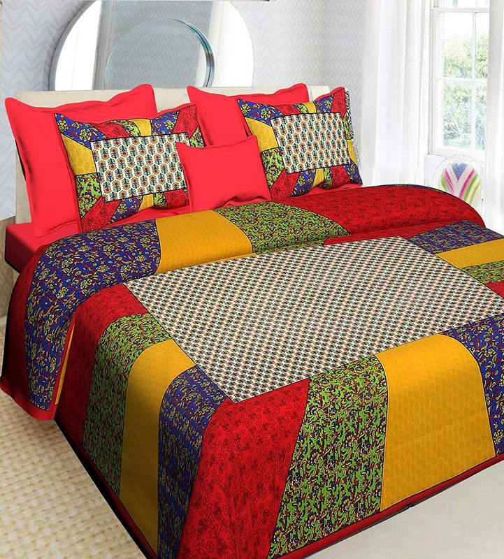 double cotton bed sheet 200 TC Cotton Double, Queen, King Printed Flat Bedsheet  (Pack of 1, Red, Yellow, Green)