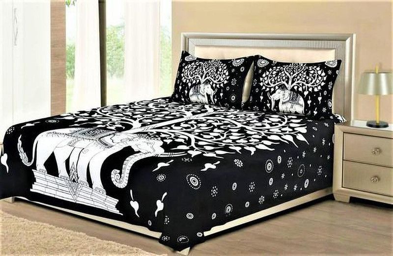 zonpik 144 TC Cotton Double Jaipuri Prints Flat Bedsheet  (Pack of 1, Black)