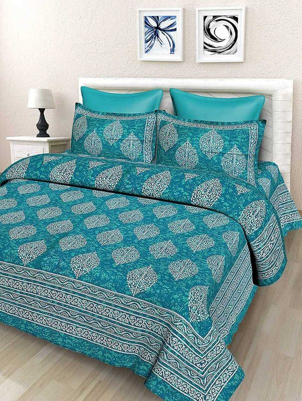 shrihans 220 TC Cotton King Jaipuri Prints Flat Bedsheet  (Pack of 1, Light Blue)