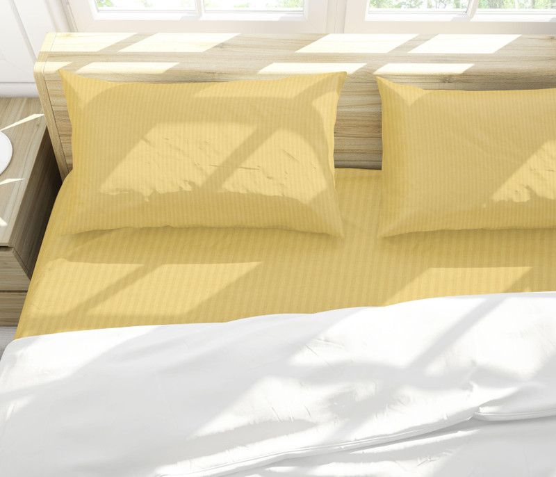 CODEExim 300 TC Cotton Double Striped Fitted (Elastic) Bedsheet  (Pack of 1, Beige)