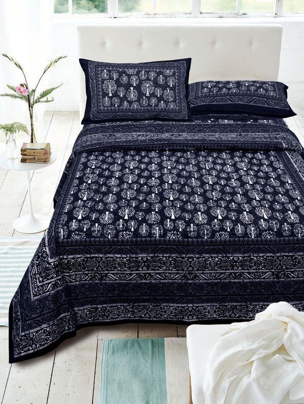 Amazing Rajasthan 120 TC Cotton Double Printed Flat Bedsheet  (Pack of 1, Dark Blue)
