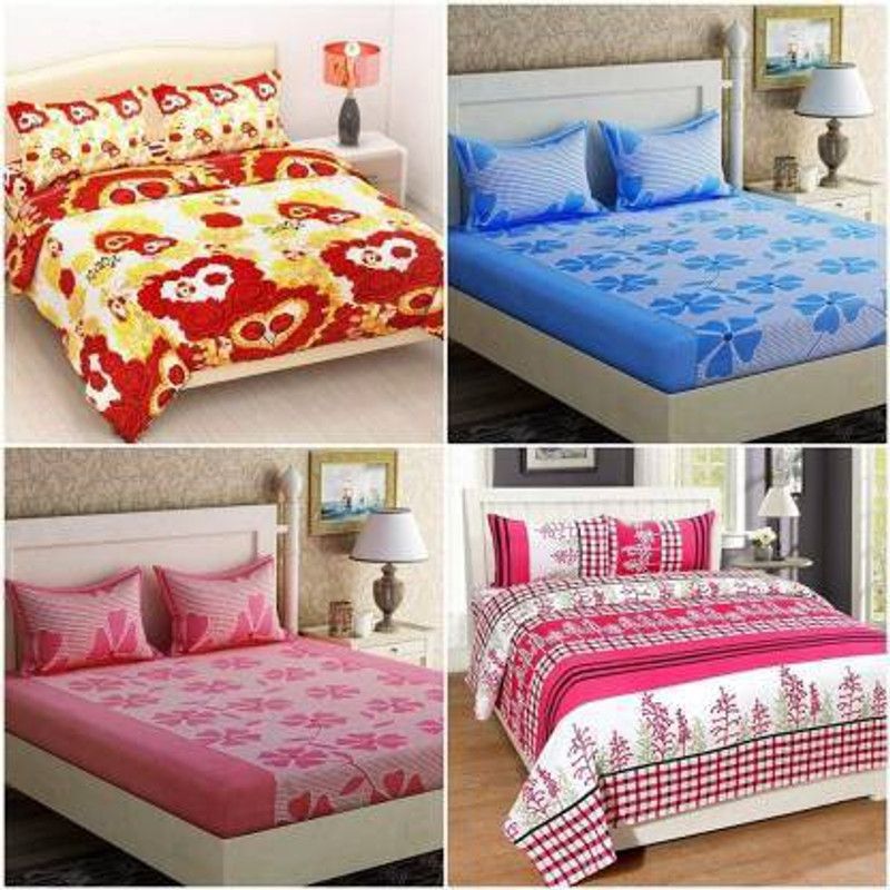 lazybees 120 TC Cotton Double Printed Flat Bedsheet  (Pack of 4, Multicolor)