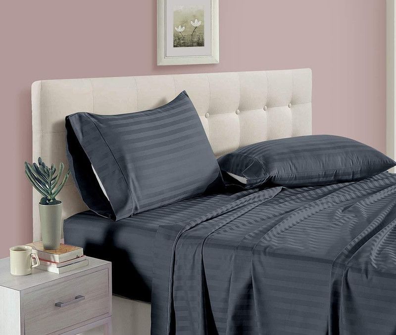 AMYDA 210 TC Microfiber Double Striped Flat Bedsheet  (Pack of 1, Grey)