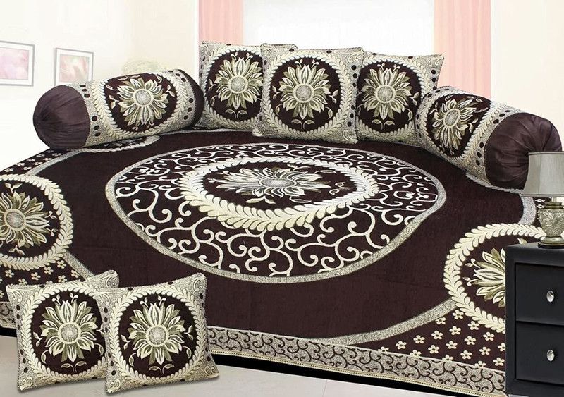 moninfinity Chenille Floral Diwan Set  (Brown)