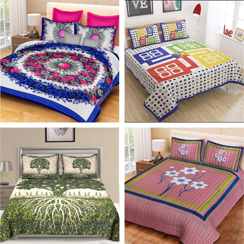 Rangun 120 TC Cotton Double Jaipuri Prints Flat Bedsheet  (Pack of 4, Multicolor)