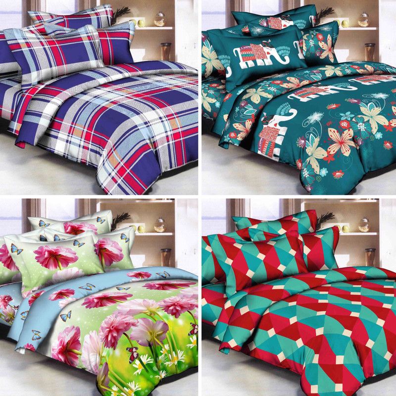 Skytex 140 TC Cotton Queen 3D Printed Flat Bedsheet  (Pack of 4, Multicolor)