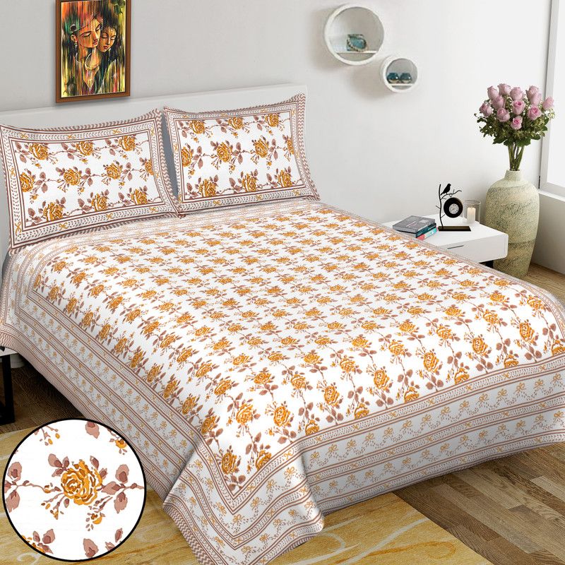 BedZone 300 TC Cotton King Floral Flat Bedsheet  (Pack of 1, White, Yellow)