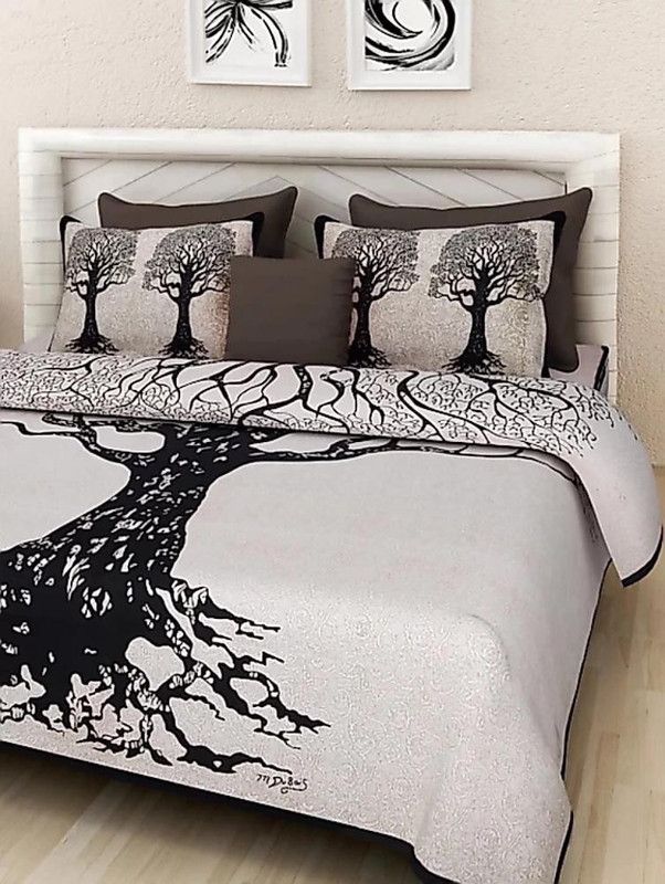 avtar 144 TC Cotton Queen, King Printed Flat Bedsheet  (Pack of 1, white , blue)