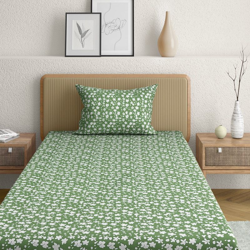 Anaqa by Pantaloons 144 TC Cotton Single Floral Flat Bedsheet  (Pack of 1, Green)