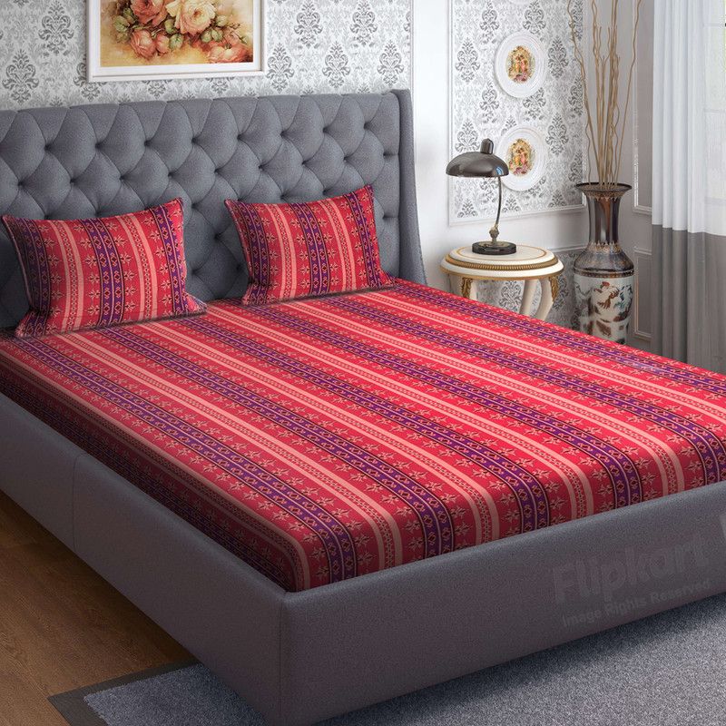 Bombay Dyeing 144 TC Cotton Double Printed Flat Bedsheet  (Pack of 1, Red)