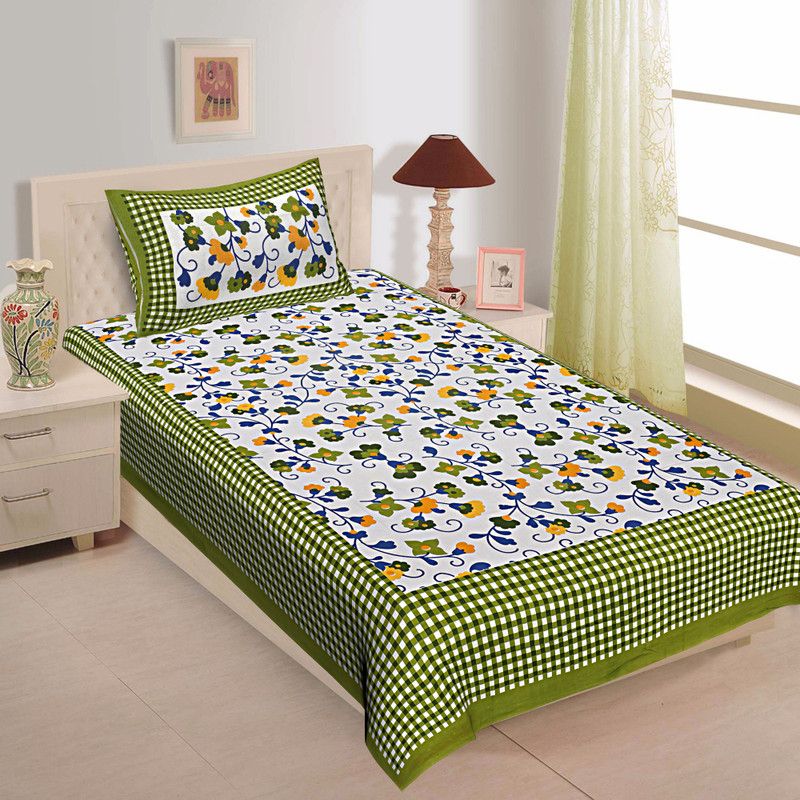 Rangun 144 TC Cotton Single Floral Fitted & Flat Bedsheet  (Pack of 1, Yellow)