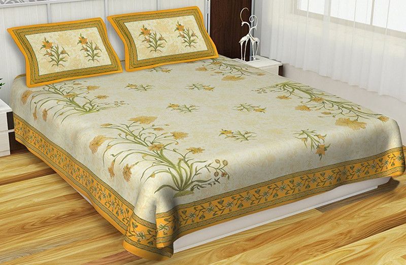 BEDAFFAIR 144 TC Cotton Double Printed Flat Bedsheet  (Pack of 1, Yellow)