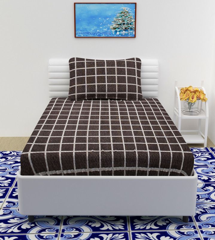 WMK 250 TC Cotton Single Checkered Fitted (Elastic) Bedsheet  (Pack of 1, BROWN CHECK PS9)