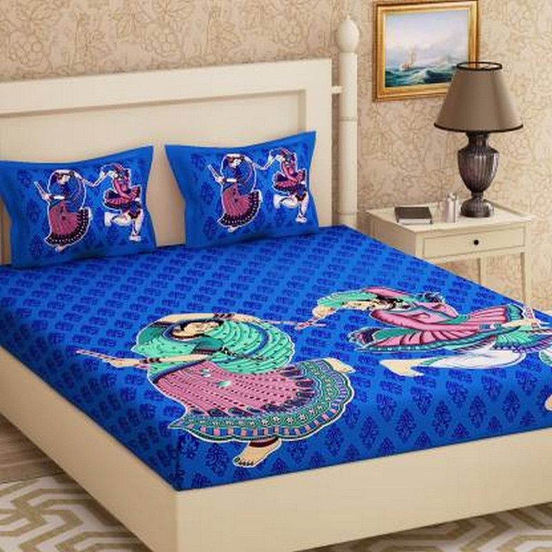 RR FABTEC 104 TC Cotton Double Printed Flat Bedsheet  (Pack of 1, Blue)