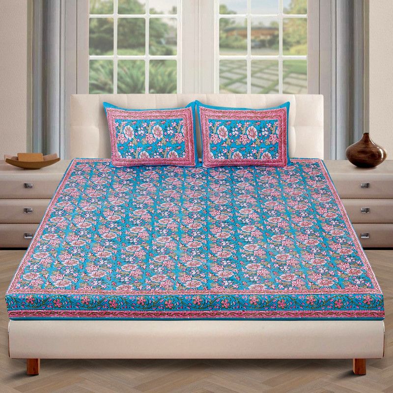 ROMEE 180 TC Cotton King Floral Flat Bedsheet  (Pack of 1, Blue & Pink)