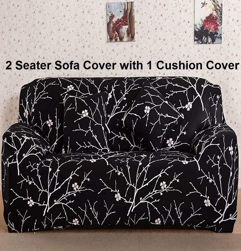 lukzer Polyester Floral Loveseat Cover  (Sofa Cover 2 Seater Universal Slipcover (Black Stem Design/ 140-180cm) Pack of 1)