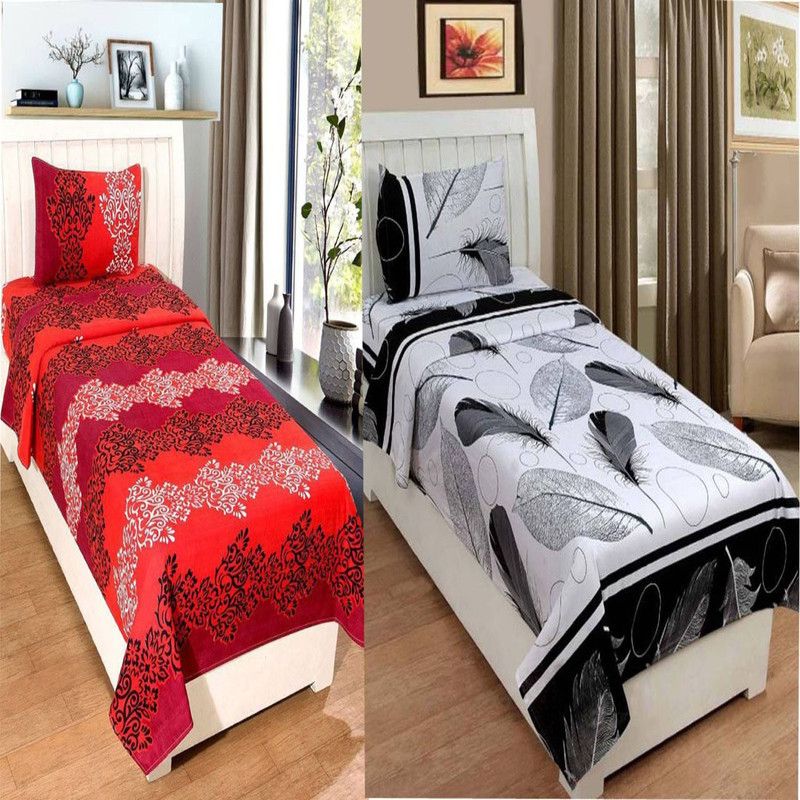 DEVYA DÉCOR 180 TC Cotton Single 3D Printed Flat Bedsheet  (Pack of 2, Multicolor)