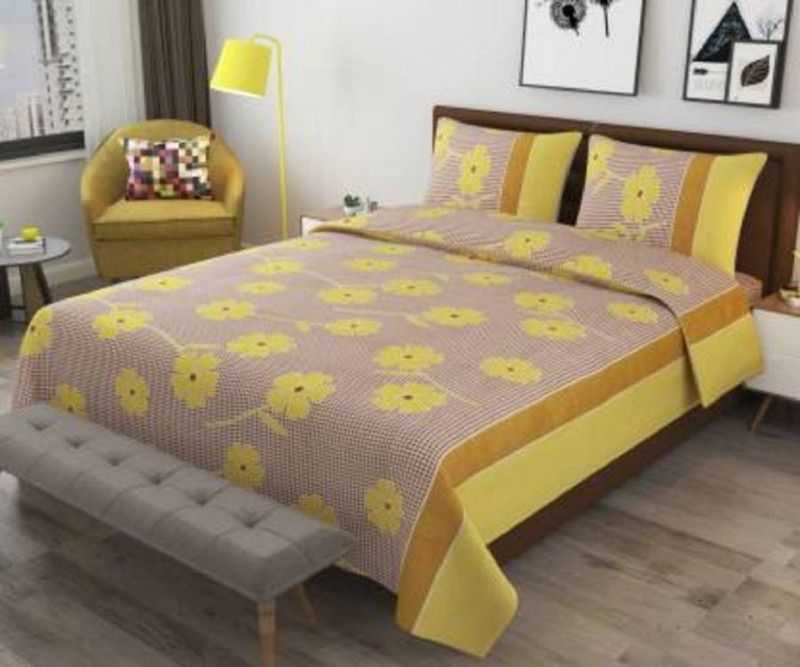 Gautam Textile Hub 144 TC Microfiber Double Printed Flat Bedsheet  (Pack of 1, Brown, Yellow)
