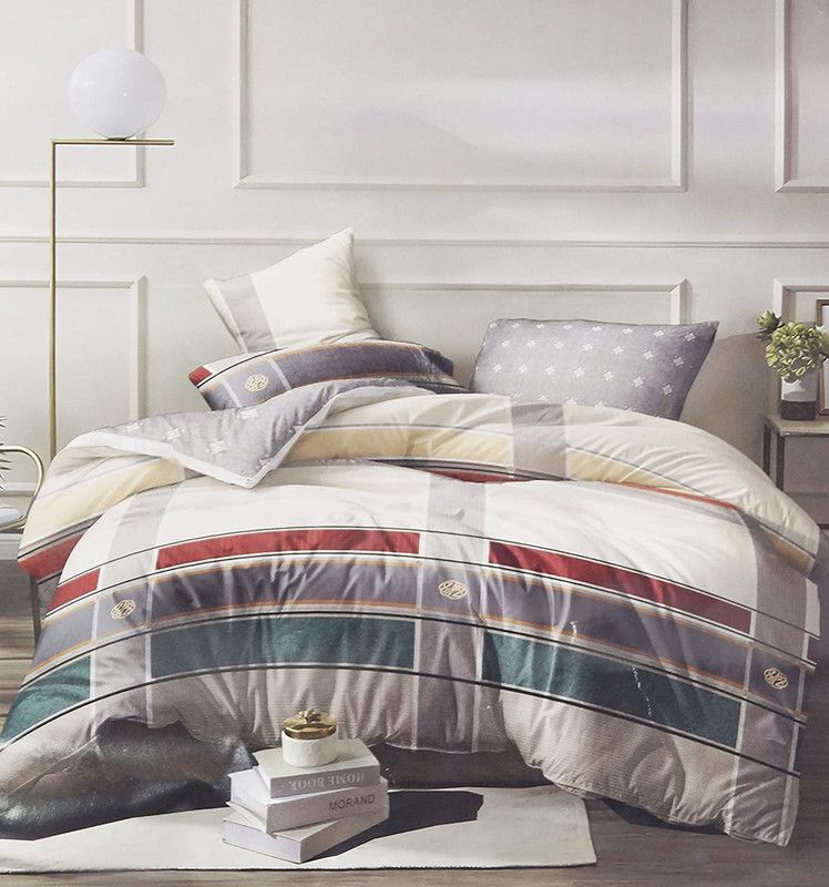HOME FLUFF 200 TC Cotton Queen Geometric Flat Bedsheet  (Pack of 1, Grey, White)