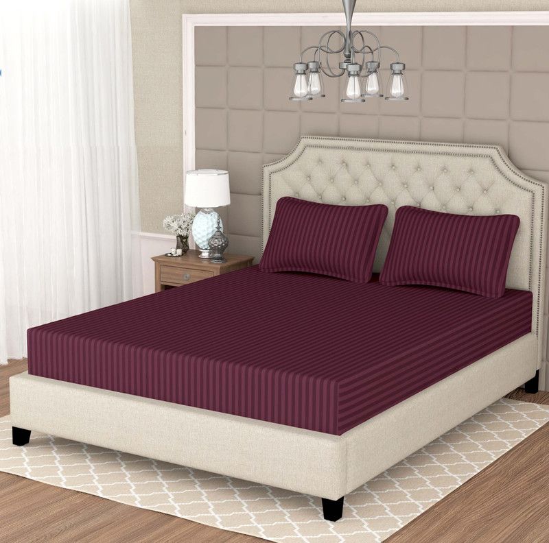 Lajak Collection 260 TC Cotton Double Striped Flat Bedsheet  (Pack of 1, Maroon)