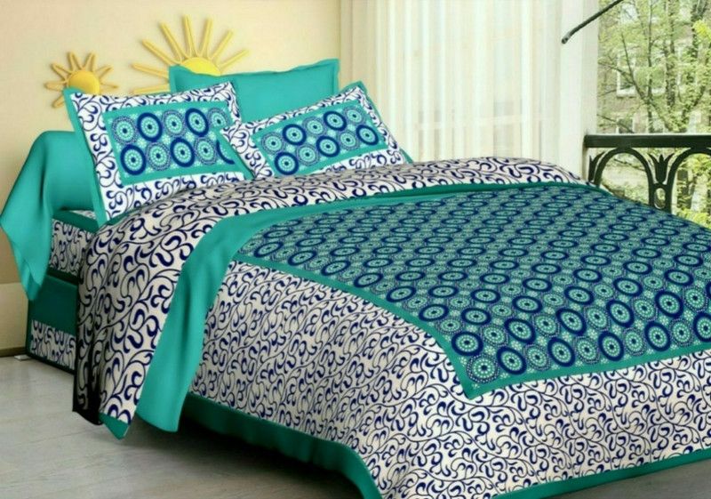 Pinkcity print 151 TC Cotton Double Printed Flat Bedsheet  (Pack of 1, Green, white,blue)
