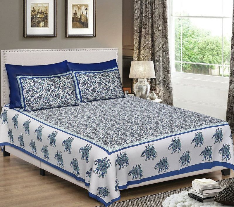 Sonal Textiles 140 TC Cotton Queen Printed Flat Bedsheet  (Pack of 1, Blue)