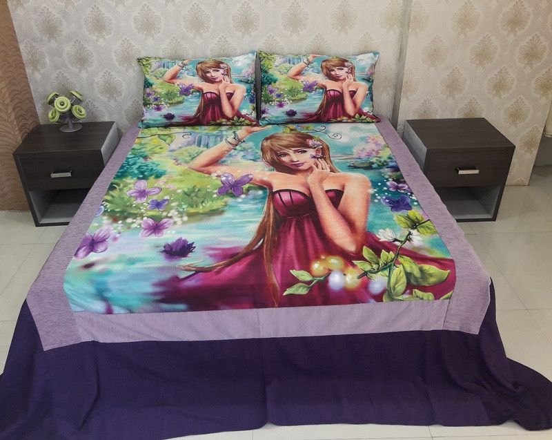 Welhous Silk Double 3D Printed Flat Bedsheet  (Pack of 1, Multicolor)